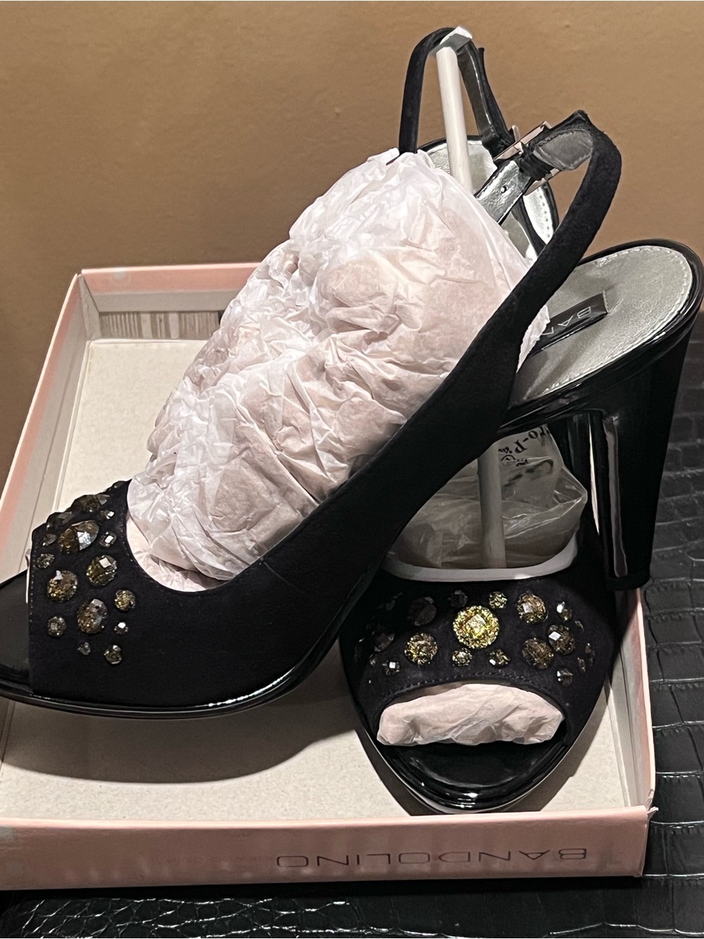 Bandolino Black Jeweled Slingback Peep-Toe Heels